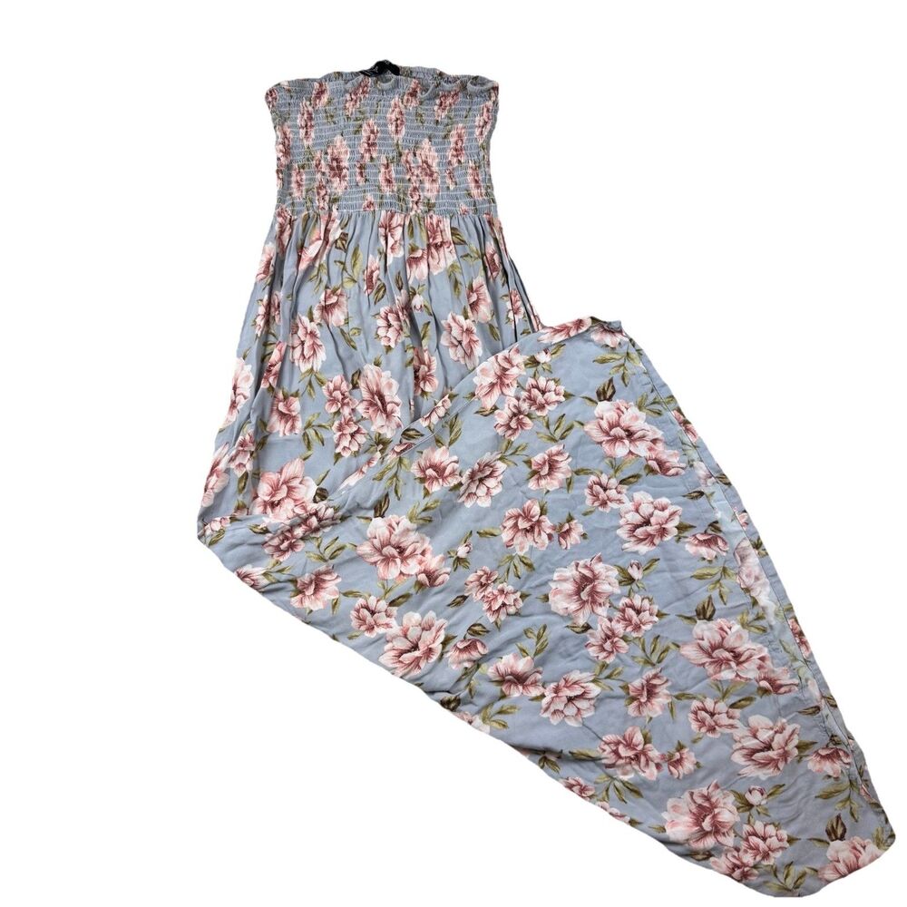 Forever 21 Floral Maxi Dress XL Gray Pink Smocked Strapless Tube Boho Sundress